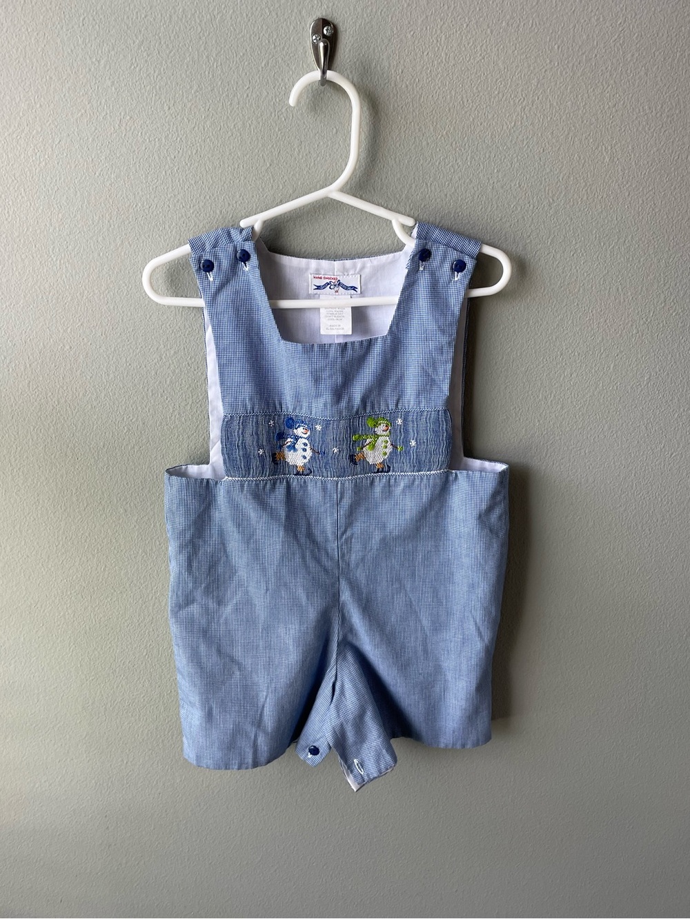 Silly Goose Hand Smocked Blue Gingham JonJon Shortall with Smocked Snowmen